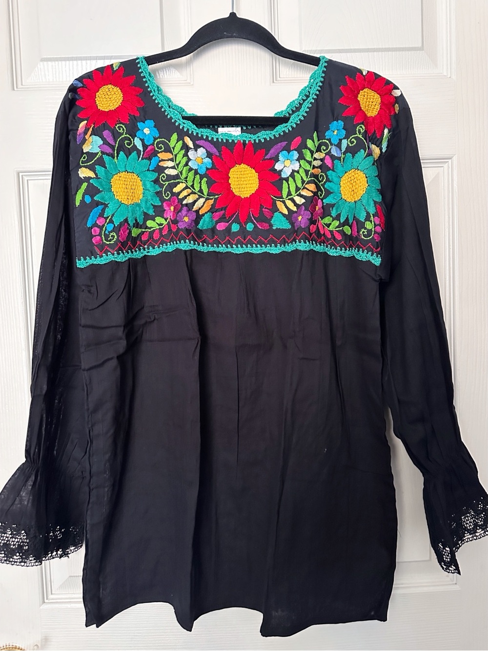 Mexican Embroidered Gauze Top 3/4 Sleeve